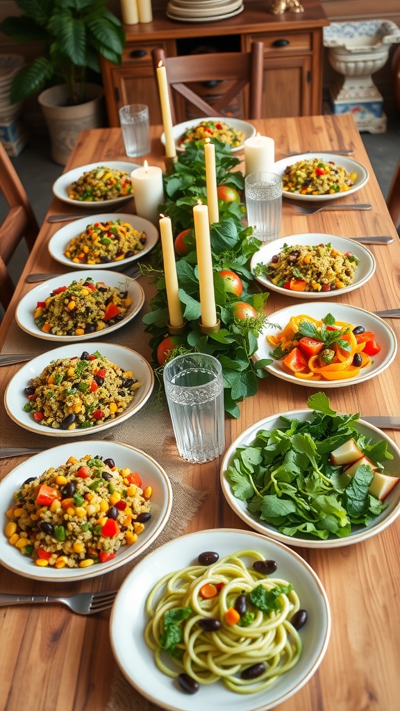 A colorful vegan dinner spread for eight guests featuring quinoa salad, zucchini noodles, and mixed greens on a rustic table.